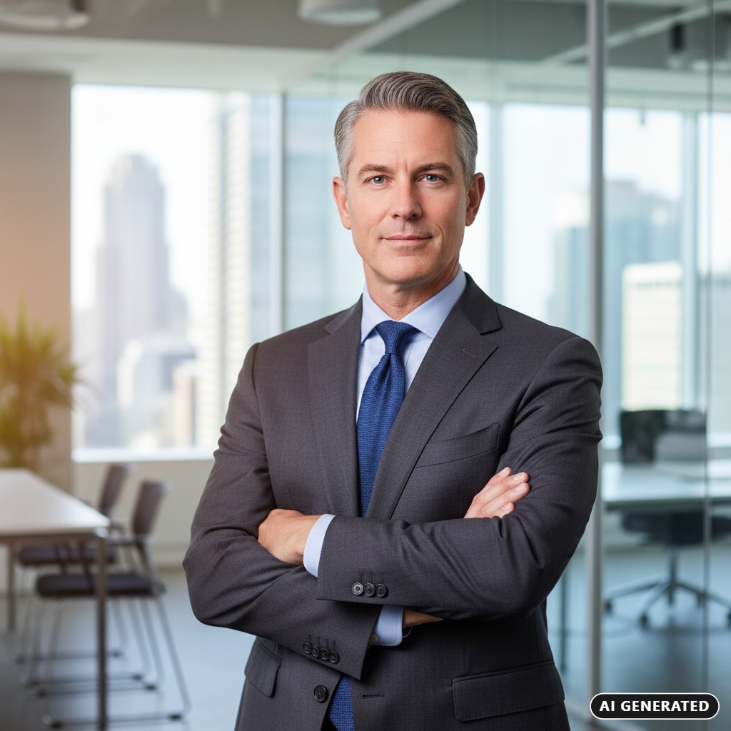 AI Generated: A professional man in a suit and tie stands with his arms crossed in a modern office with city views.